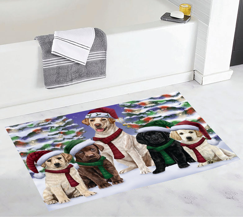 Labrador Dogs Christmas Family Portrait in Holiday Scenic Background Bath Mat