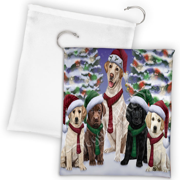 Labrador Dogs Christmas Family Portrait in Holiday Scenic Background Drawstring Laundry or Gift Bag LGB48155