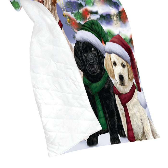 Labrador Dogs Christmas Family Portrait in Holiday Scenic Background Quilt