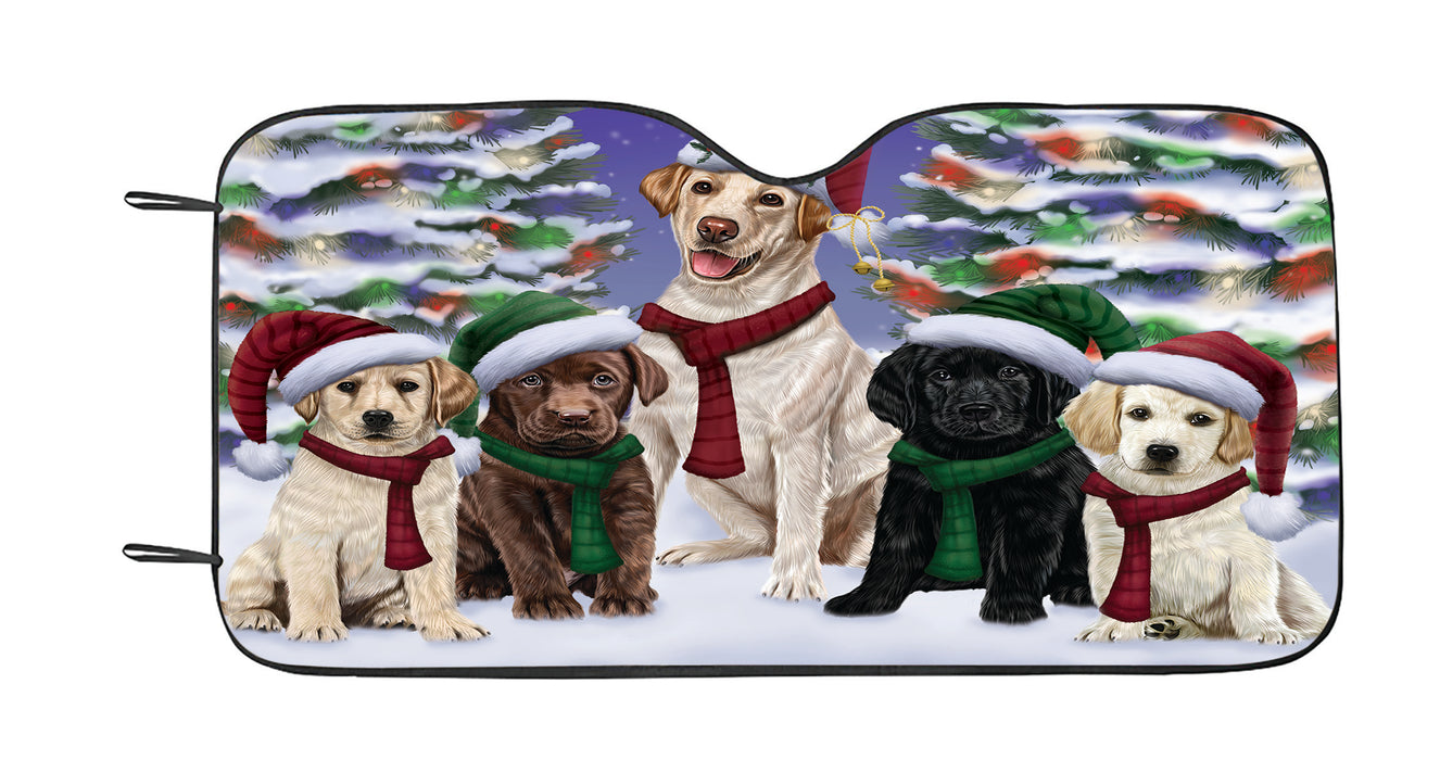 Labrador Dogs Christmas Family Portrait in Holiday Scenic Background Car Sun Shade
