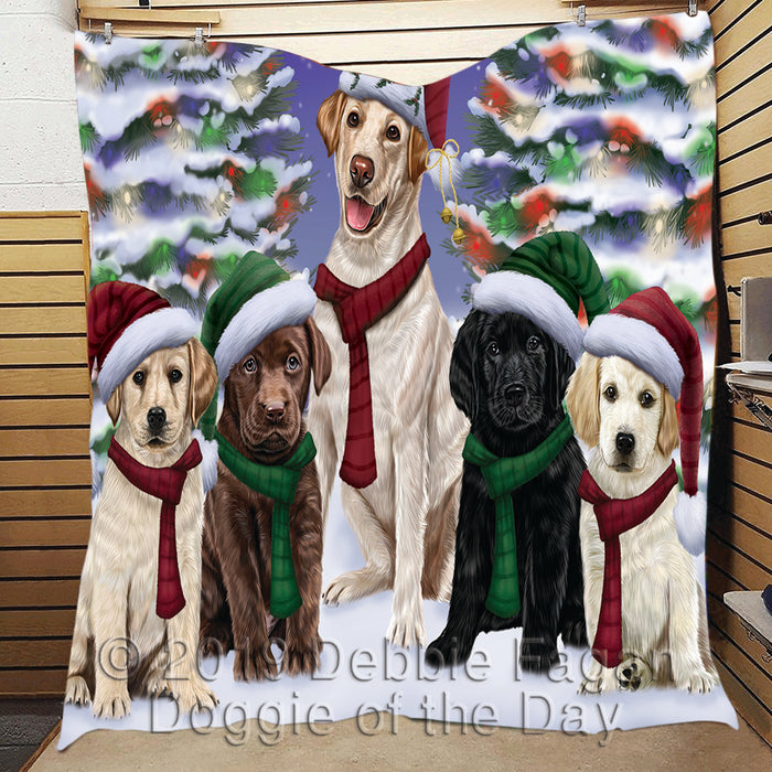 Labrador Dogs Christmas Family Portrait in Holiday Scenic Background Quilt