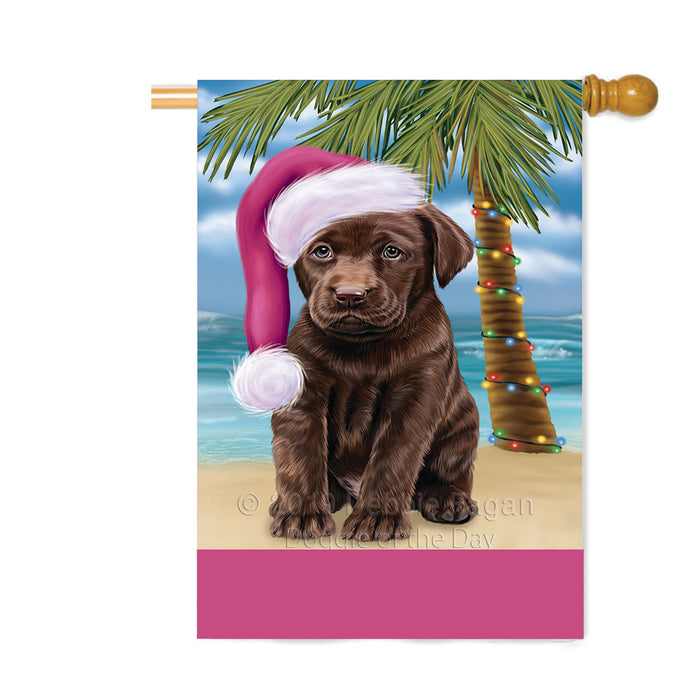 Personalized Summertime Happy Holidays Christmas Labrador Dog on Tropical Island Beach Custom House Flag FLG-DOTD-A60549