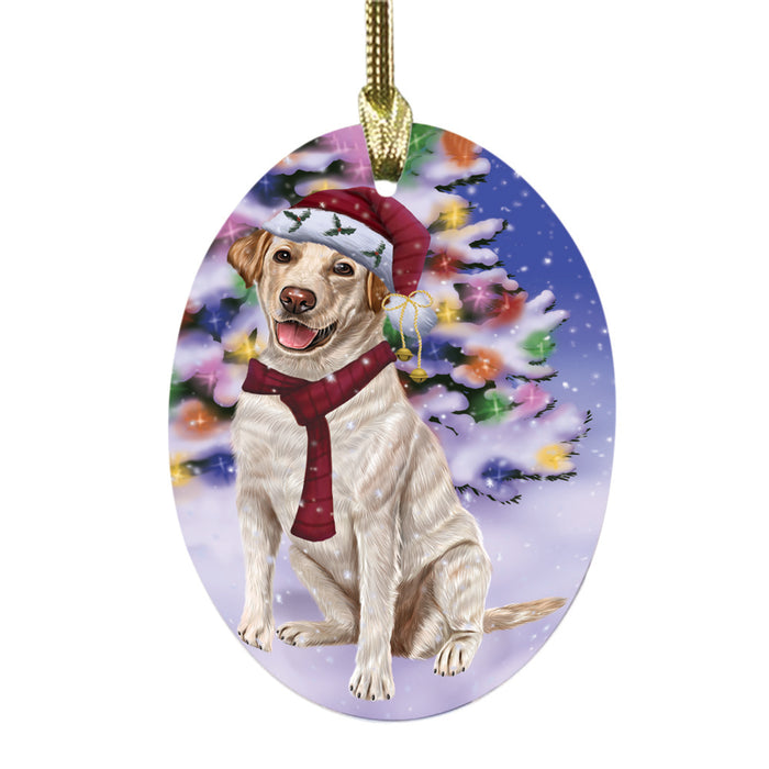 Winterland Wonderland Labrador Dog In Christmas Holiday Scenic Background Oval Glass Christmas Ornament OGOR49596
