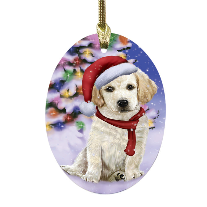 Winterland Wonderland Labrador Dog In Christmas Holiday Scenic Background Oval Glass Christmas Ornament OGOR49597