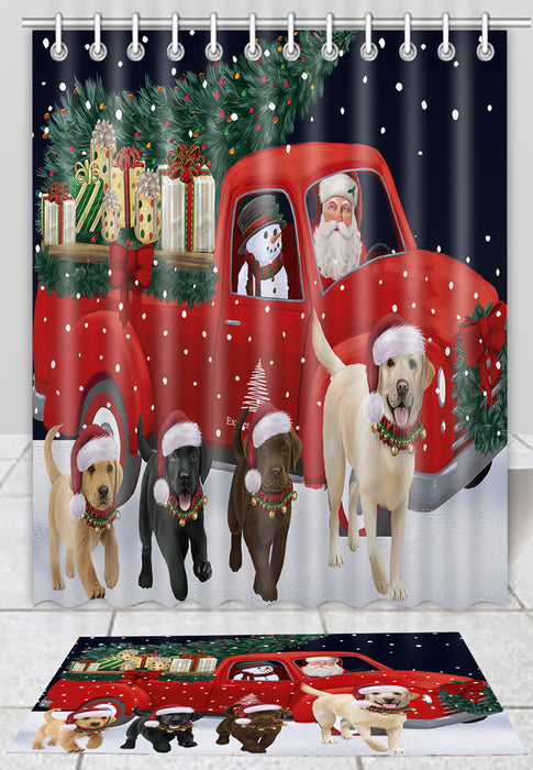 Christmas Express Delivery Red Truck Running Labrador Retriever Dogs Bath Mat and Shower Curtain Combo