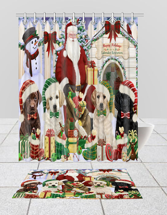 Happy Holidays Christmas Labrador Dogs House Gathering Bath Mat and Shower Curtain Combo