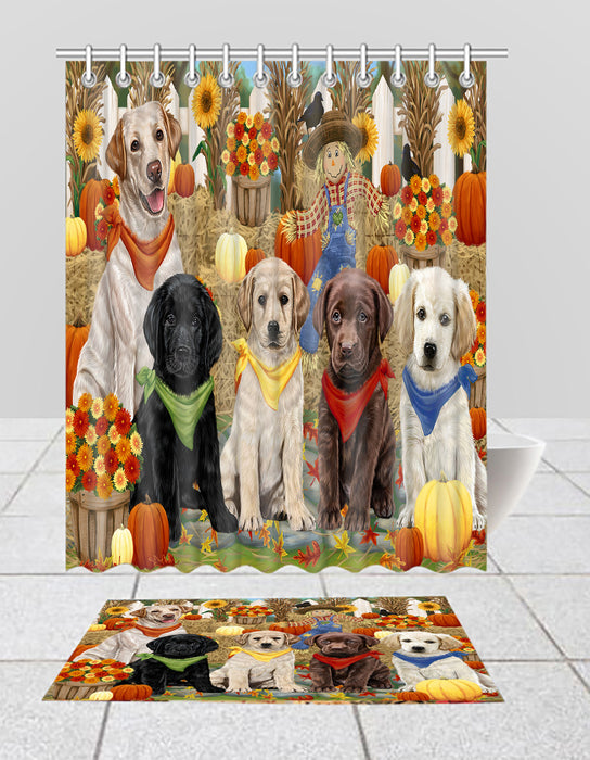 Fall Festive Harvest Time Gathering Labrador Dogs Bath Mat and Shower Curtain Combo