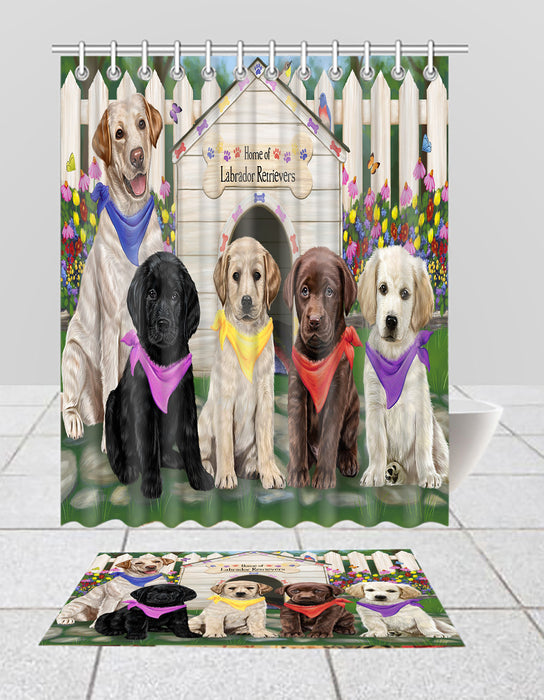 Spring Dog House Labrador Dogs Bath Mat and Shower Curtain Combo