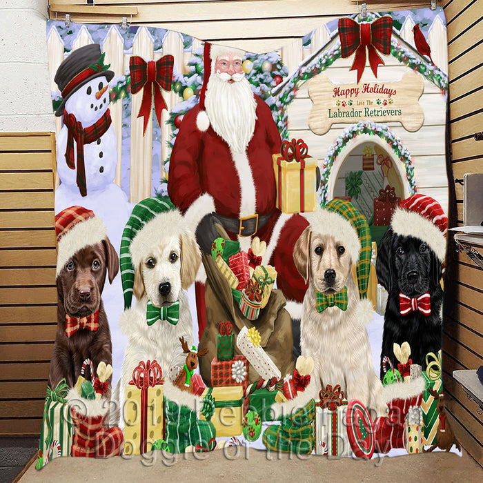 Happy Holidays Christmas Labrador Dogs House Gathering Quilt