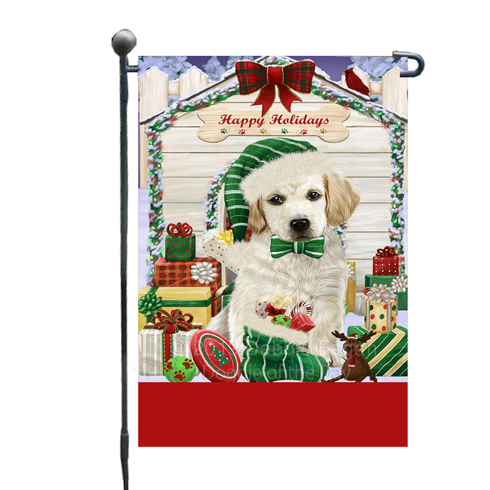 Personalized Happy Holidays Christmas Labrador Dog House with Presents Custom Garden Flags GFLG-DOTD-A59331