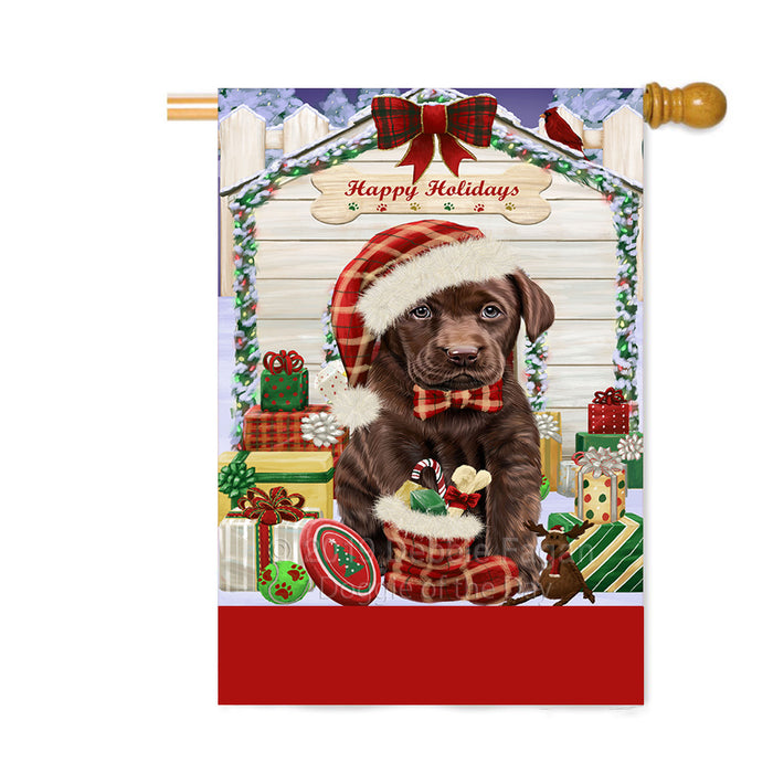 Personalized Happy Holidays Christmas Labrador Dog House with Presents Custom House Flag FLG-DOTD-A59388