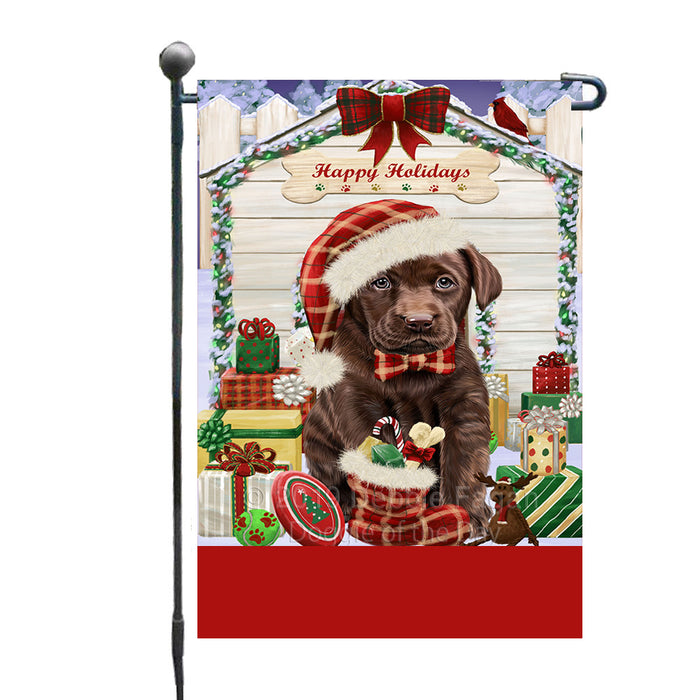 Personalized Happy Holidays Christmas Labrador Dog House with Presents Custom Garden Flags GFLG-DOTD-A59332