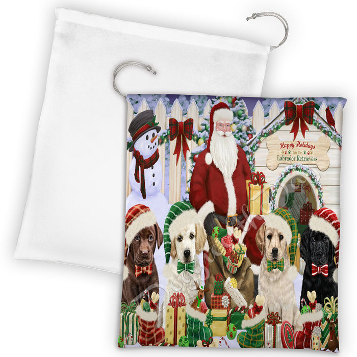 Happy Holidays Christmas Labrador Dogs House Gathering Drawstring Laundry or Gift Bag LGB48058
