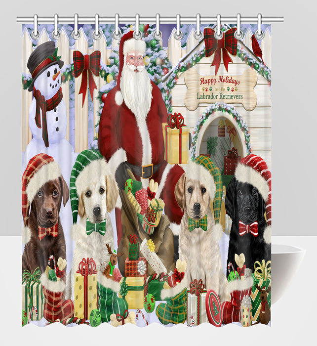 Happy Holidays Christmas Labrador Dogs House Gathering Shower Curtain