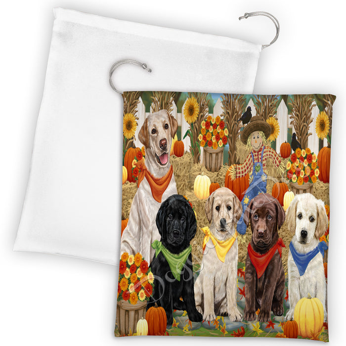 Fall Festive Harvest Time Gathering Labrador Dogs Drawstring Laundry or Gift Bag LGB48416