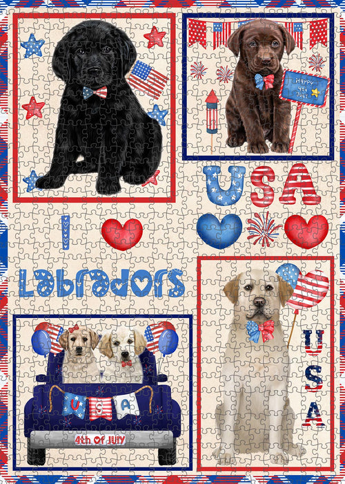 4th of July Independence Day I Love USA Labrador Dogs Portrait Jigsaw Puzzle for Adults Animal Interlocking Puzzle Game Unique Gift for Dog Lover's with Metal Tin Box