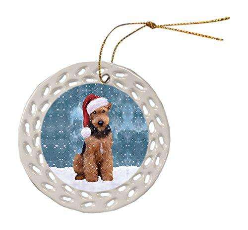 Let It Snow Airedale Dog Christmas Round Doily Ornament POR311
