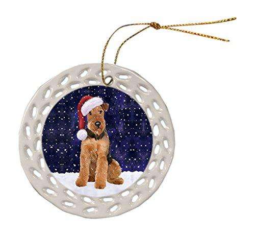 Let It Snow Airedale Dog Christmas Round Doily Ornament POR312
