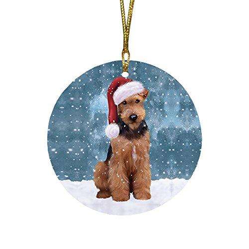 Let It Snow Airedale Dog Christmas Round Flat Ornament POR1477