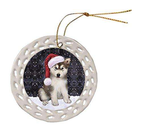 Let It Snow Alaskan Malamute Dog Christmas Round Doily Ornament POR257