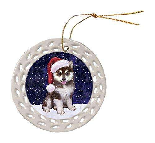 Let It Snow Alaskan Malamute Dog Christmas Round Doily Ornament POR258