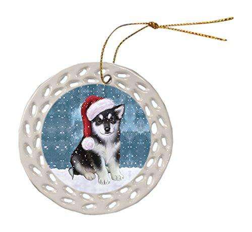 Let It Snow Alaskan Malamute Dog Christmas Round Doily Ornament POR259