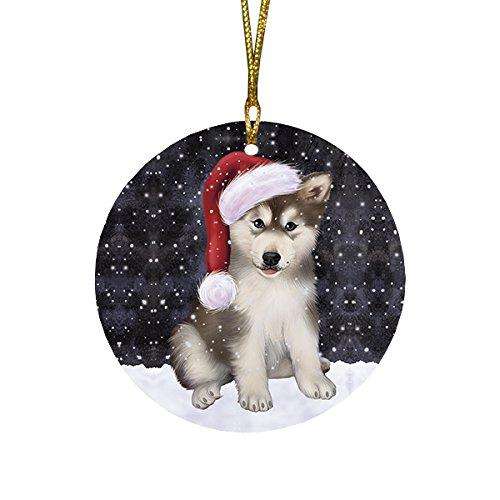 Let It Snow Alaskan Malamute Dog Christmas Round Flat Ornament POR1457
