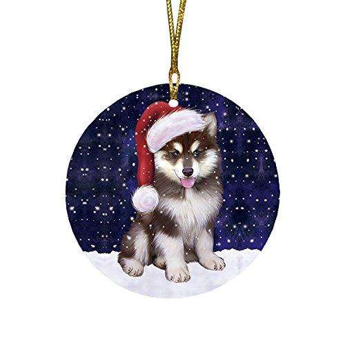 Let It Snow Alaskan Malamute Dog Christmas Round Flat Ornament POR1458