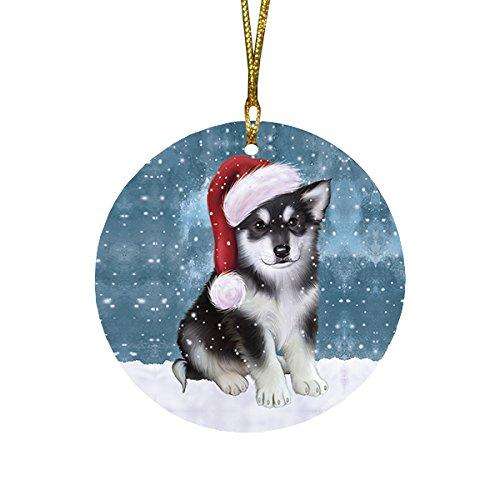 Let It Snow Alaskan Malamute Dog Christmas Round Flat Ornament POR1459