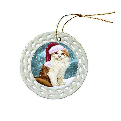 Let It Snow American Curl Cat Christmas Round Porcelain Ornament POR279