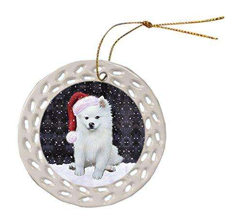 Let It Snow American Eskimo Dog Christmas Round Doily Ornament POR261