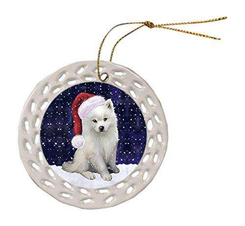 Let It Snow American Eskimo Dog Christmas Round Doily Ornament POR262
