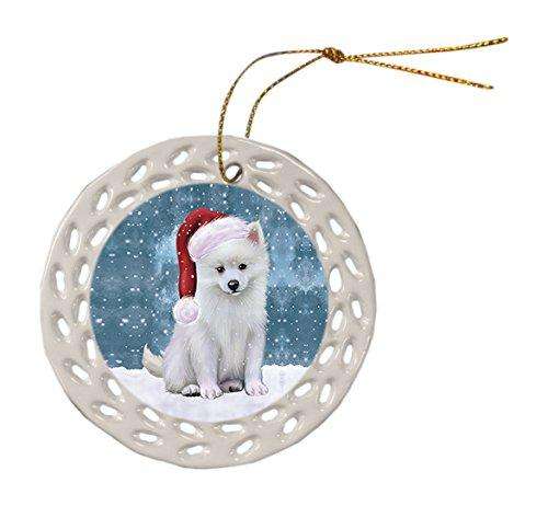 Let It Snow American Eskimo Dog Christmas Round Doily Ornament POR263