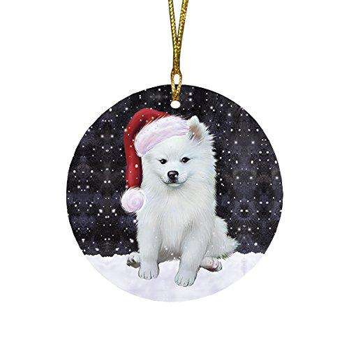 Let It Snow American Eskimo Dog Christmas Round Flat Ornament POR1461