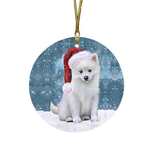 Let It Snow American Eskimo Dog Christmas Round Flat Ornament POR1463