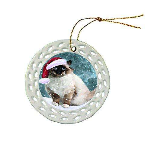 Let It Snow Birman Cat Christmas Round Porcelain Ornament POR295
