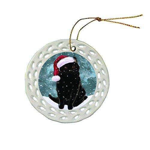 Let It Snow Black Cat Christmas Round Porcelain Ornament POR297
