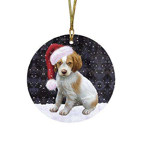 Let It Snow Brittany Spaniel Dog Christmas Round Flat Ornament POR1468