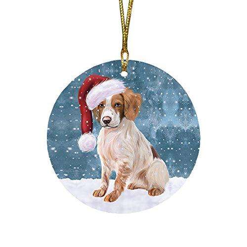 Let It Snow Brittany Spaniel Dog Christmas Round Flat Ornament POR1470