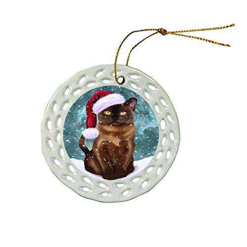 Let It Snow Burmese Cat Christmas Round Porcelain Ornament POR308