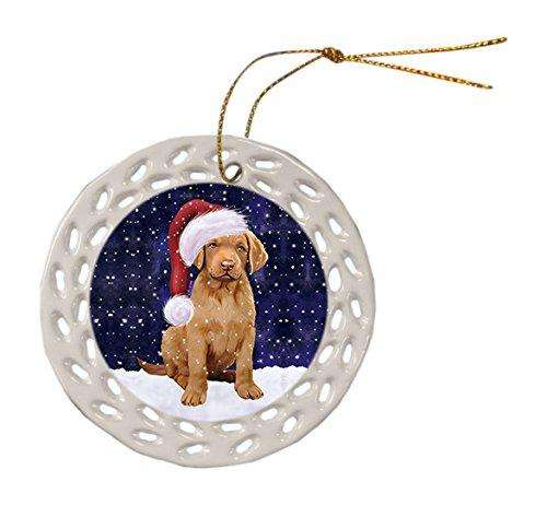 Let It Snow Chesapeake Bay Retriever Dog Christmas Round Doily Ornament POR272