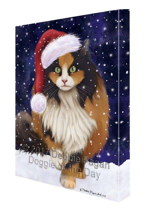 Let it Snow Christmas Calico Cat Wearing Santa Hat Canvas Wall Art
