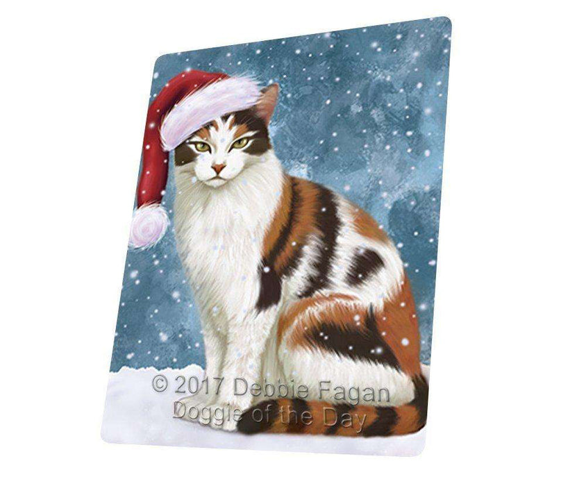 Let it Snow Christmas Calico Cat Wearing Santa Hat Tempered Cutting Board