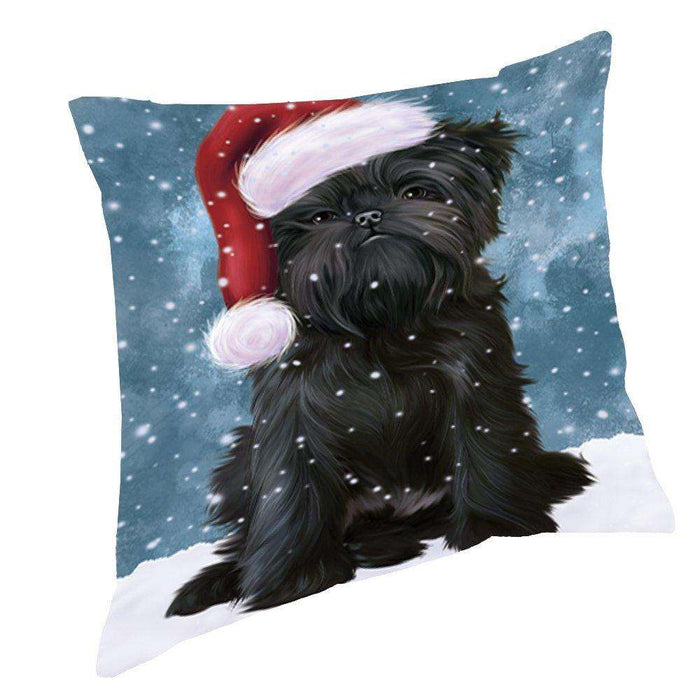 Let it Snow Christmas Holiday Affenpinscher Dog Wearing Santa Hat Throw Pillow