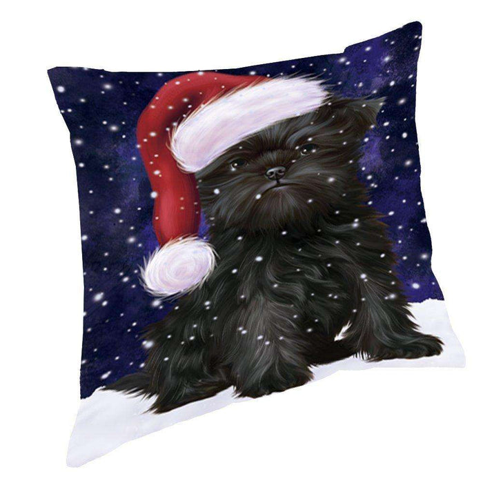 Let it Snow Christmas Holiday Affenpinscher Dog Wearing Santa Hat Throw Pillow