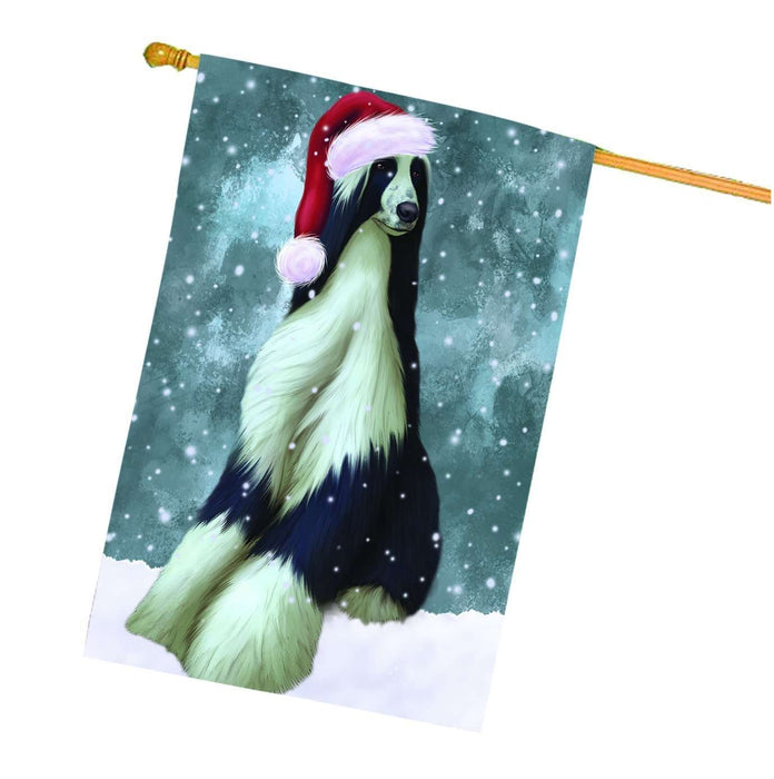 Let it Snow Christmas Holiday Afghan Hound Dog Wearing Santa Hat House Flag