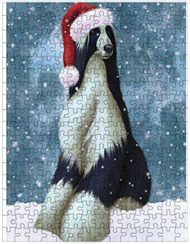 Let it Snow Christmas Holiday Afghan Hound Dog Wearing Santa Hat Puzzle with Photo Tin