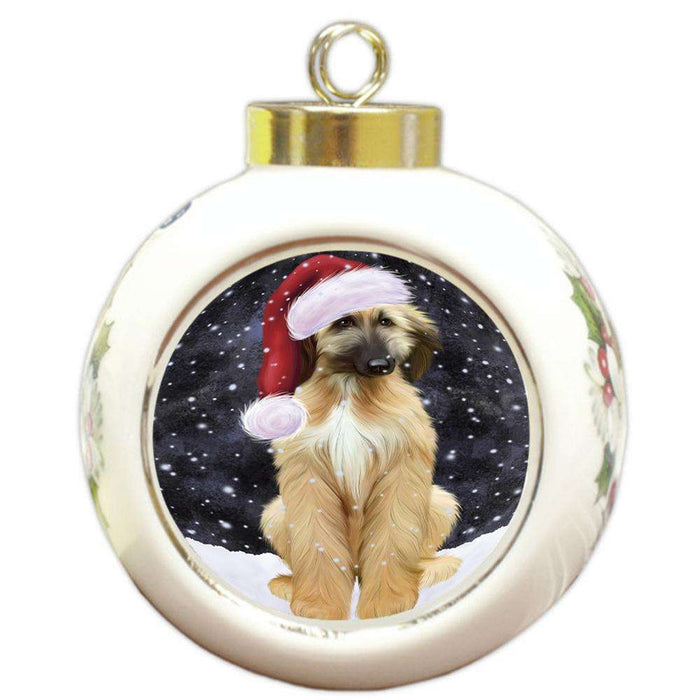 Let it Snow Christmas Holiday Afghan Hound Dog Wearing Santa Hat Round Ball Christmas Ornament RBPOR54265