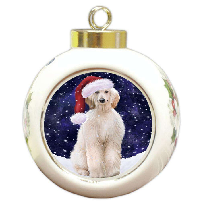 Let it Snow Christmas Holiday Afghan Hound Dog Wearing Santa Hat Round Ball Christmas Ornament RBPOR54266