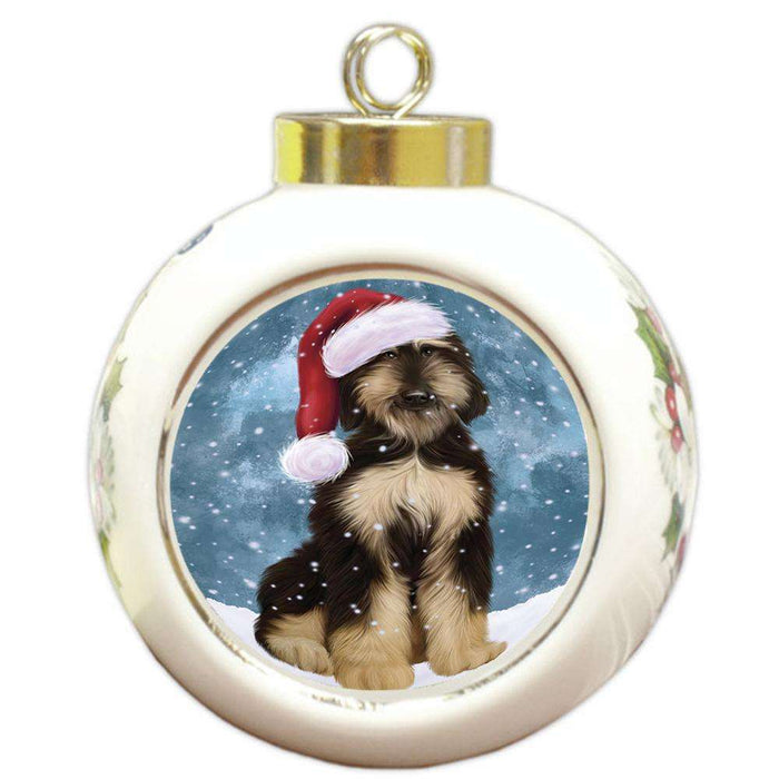 Let it Snow Christmas Holiday Afghan Hound Dog Wearing Santa Hat Round Ball Christmas Ornament RBPOR54267